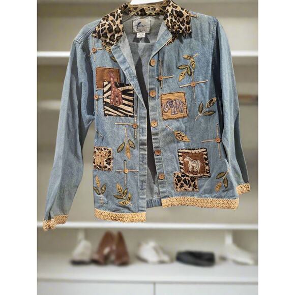 Earth Sea & Sky Vintage Medium Denim Leopard Blue Safari Patchwork Jacket - Picture 1 of 5